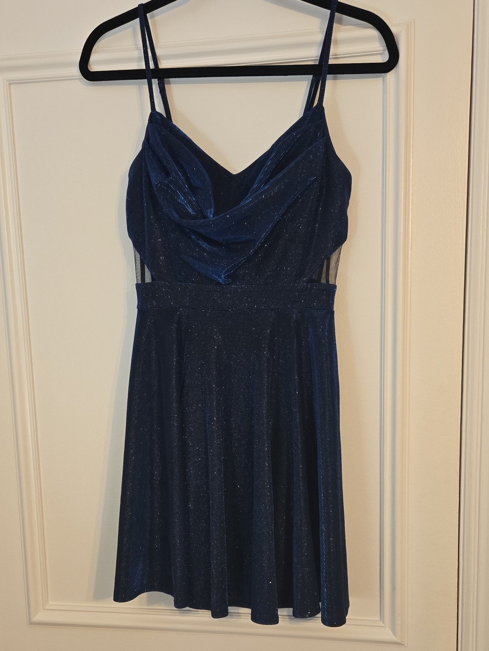 Navy Sparkle Cowl Neck Spaghetti Strap Dress